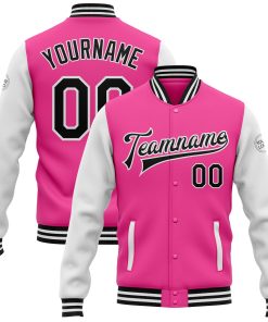 Custom Pink Black-White Bomber Full-Snap Varsity Letterman Two Tone Jacket
