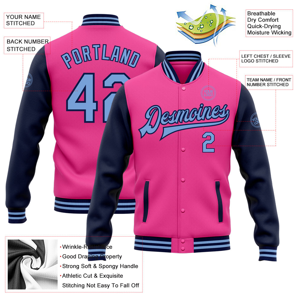 Custom Pink Light Blue-Navy Bomber Full-Snap Varsity Letterman Two Tone Jacket - Image 3