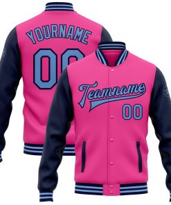 Custom Pink Light Blue-Navy Bomber Full-Snap Varsity Letterman Two Tone Jacket