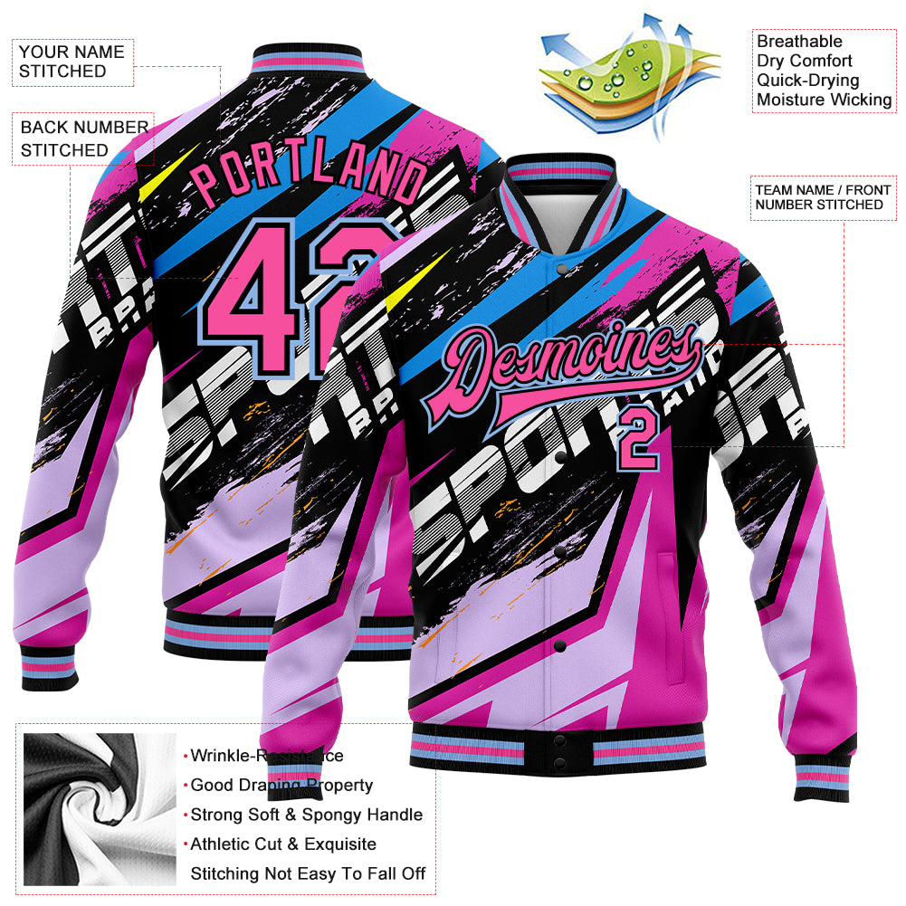 Custom Graffiti Pattern Pink Black-Light Blue Sports 3D Bomber Full-Snap Varsity Letterman Jacket - Image 3