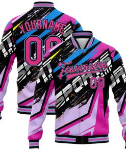 Custom Graffiti Pattern Pink Black-Light Blue Sports 3D Bomber Full-Snap Varsity Letterman Jacket
