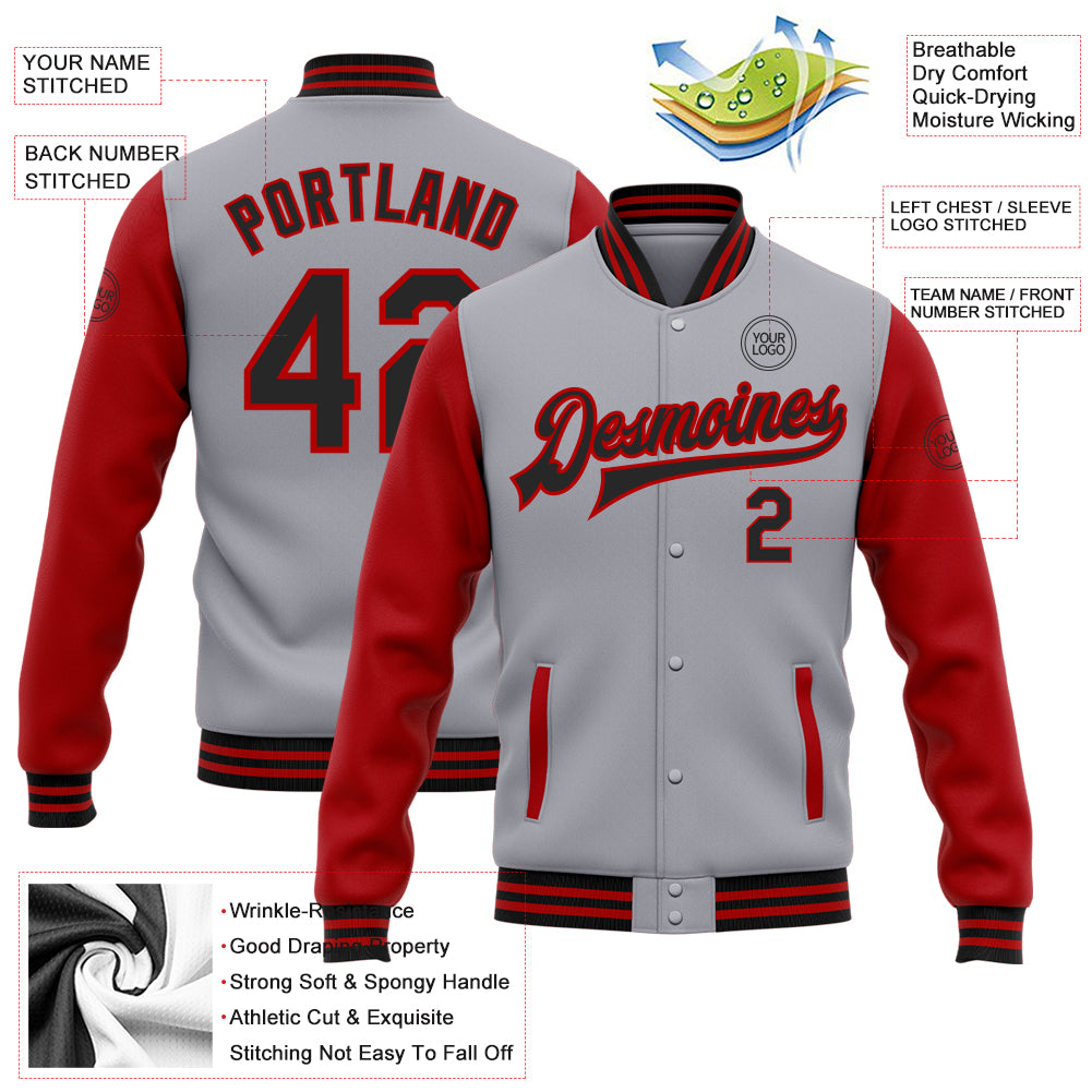 Custom Gray Black-Red Bomber Full-Snap Varsity Letterman Two Tone Jacket - Image 3