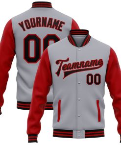 Custom Gray Black-Red Bomber Full-Snap Varsity Letterman Two Tone Jacket