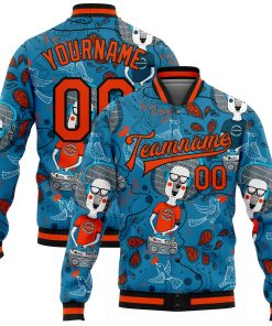 Custom Powder Blue Orange-Black Casual Music Festival 3D Pattern Design Bomber Full-Snap Varsity Letterman Jacket