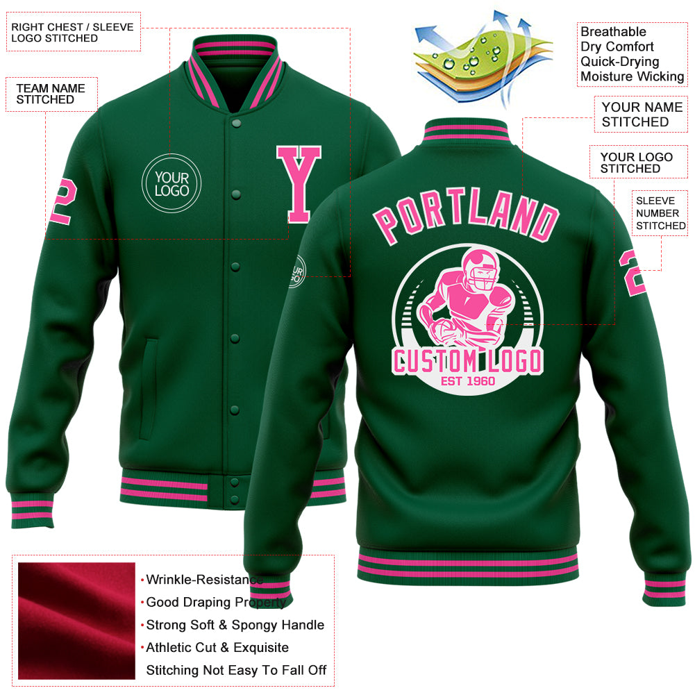 Custom Kelly Green Pink-White Bomber Full-Snap Varsity Letterman Jacket - Image 3