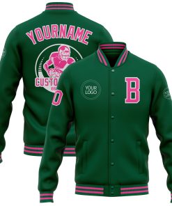 Custom Kelly Green Pink-White Bomber Full-Snap Varsity Letterman Jacket