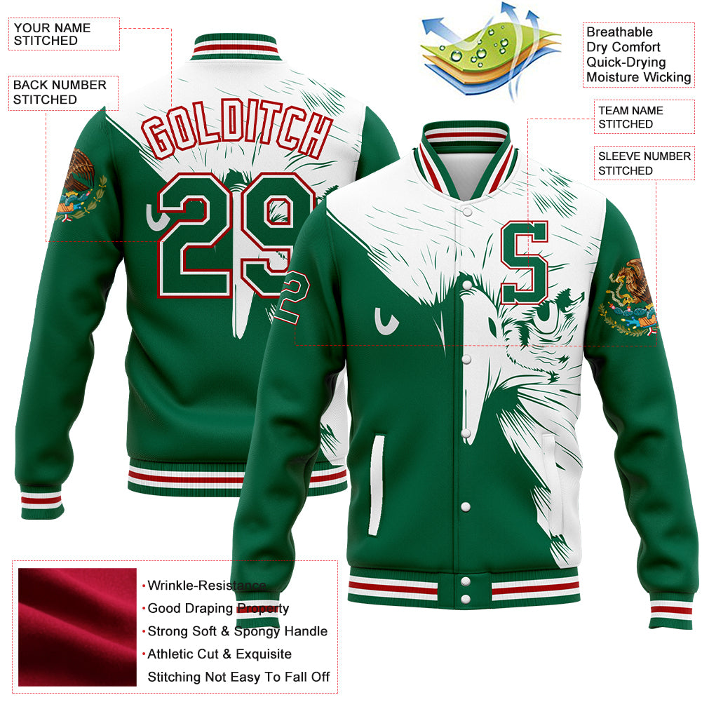Custom Kelly Green White-Red Eagle Mexico 3D Bomber Full-Snap Varsity Letterman Jacket - Image 3