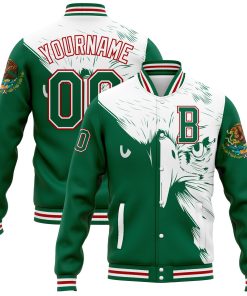 Custom Kelly Green White-Red Eagle Mexico 3D Bomber Full-Snap Varsity Letterman Jacket