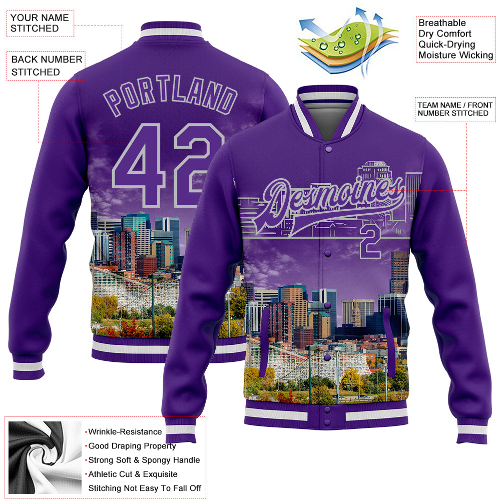Custom Purple Gray Denver Colorado City Edition 3D Bomber Full-Snap Varsity Letterman Jacket - Image 3