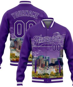 Custom Purple Gray Denver Colorado City Edition 3D Bomber Full-Snap Varsity Letterman Jacket
