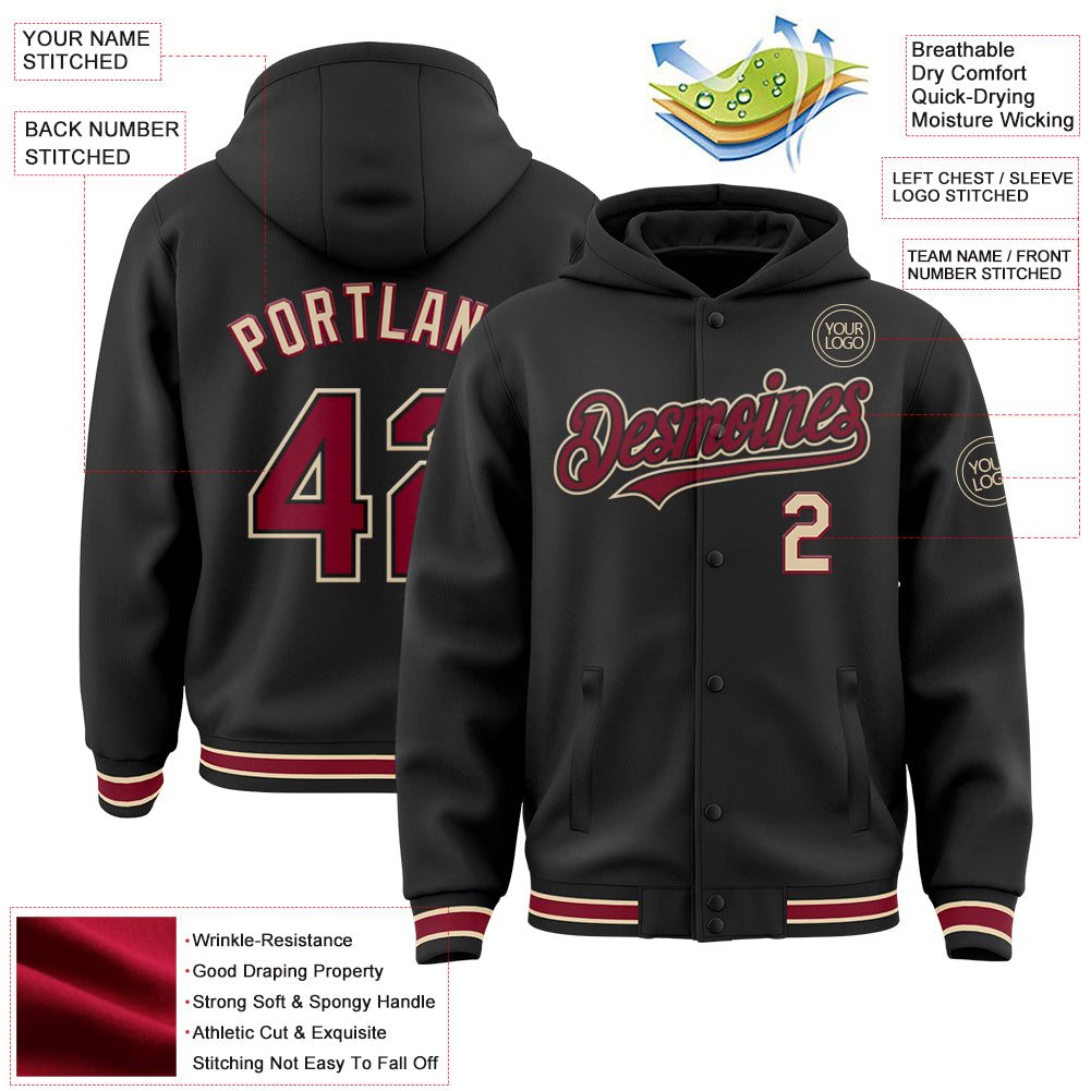 Custom Black Crimson-City Cream Bomber Full-Snap Varsity Letterman Hoodie Jacket - Image 3