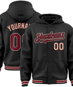 Custom Black Crimson-City Cream Bomber Full-Snap Varsity Letterman Hoodie Jacket