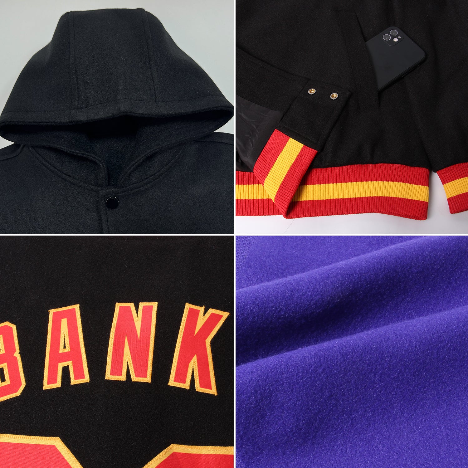 Custom Purple Kelly Green-White Bomber Full-Snap Varsity Letterman Hoodie Jacket - Image 2