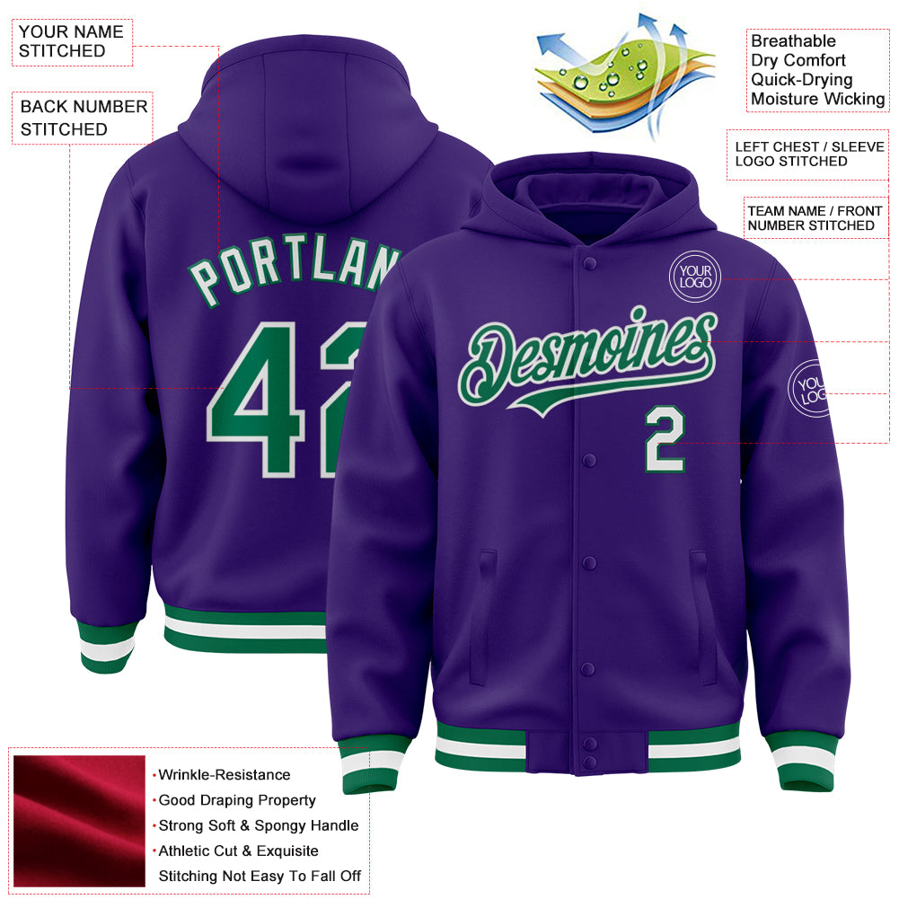 Custom Purple Kelly Green-White Bomber Full-Snap Varsity Letterman Hoodie Jacket - Image 3