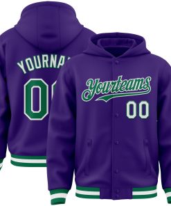 Custom Purple Kelly Green-White Bomber Full-Snap Varsity Letterman Hoodie Jacket