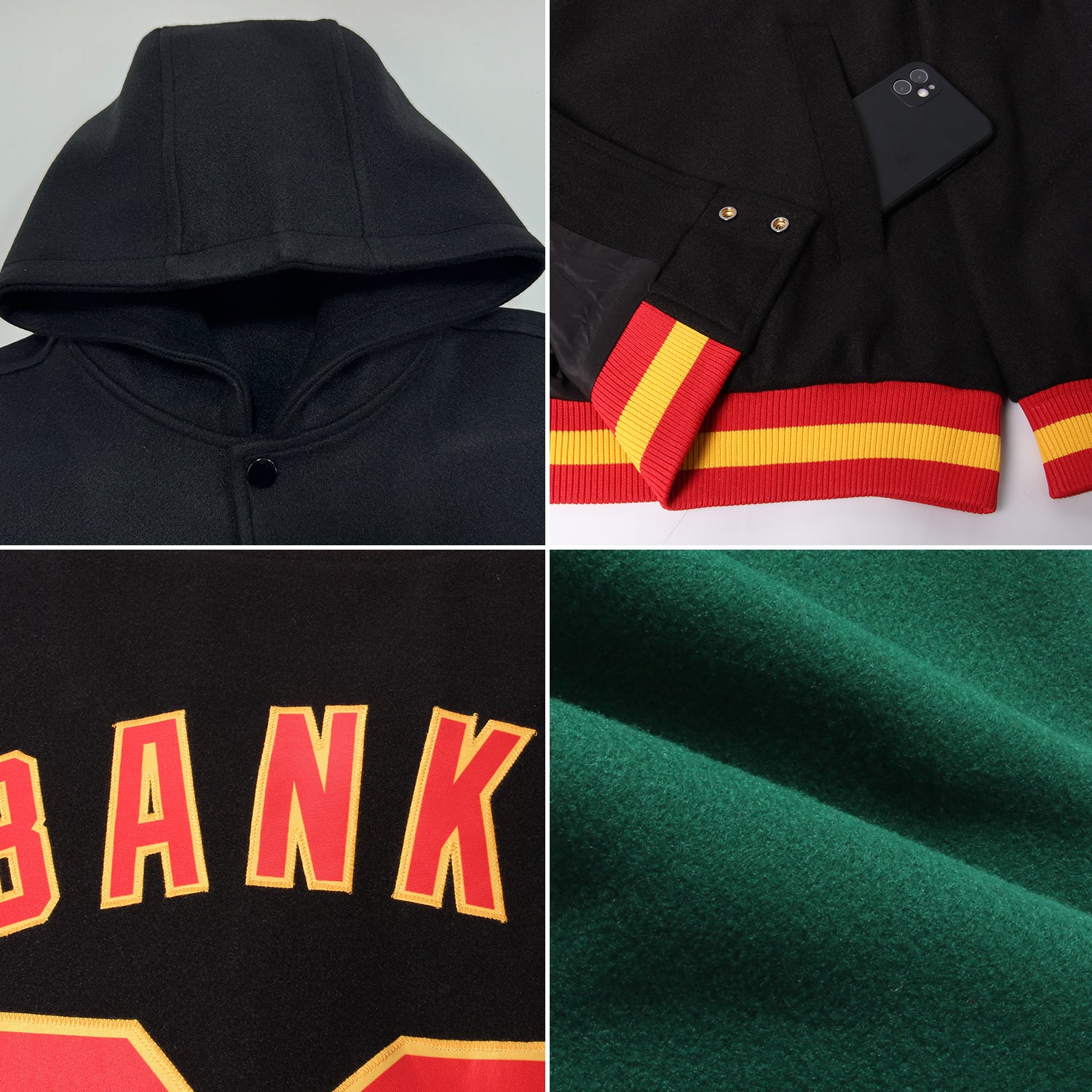 Custom Green Gray-White Bomber Full-Snap Varsity Letterman Hoodie Jacket - Image 2