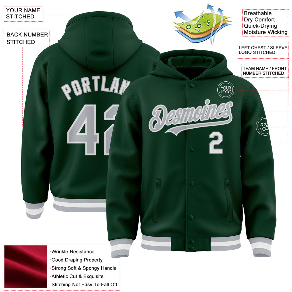 Custom Green Gray-White Bomber Full-Snap Varsity Letterman Hoodie Jacket - Image 3