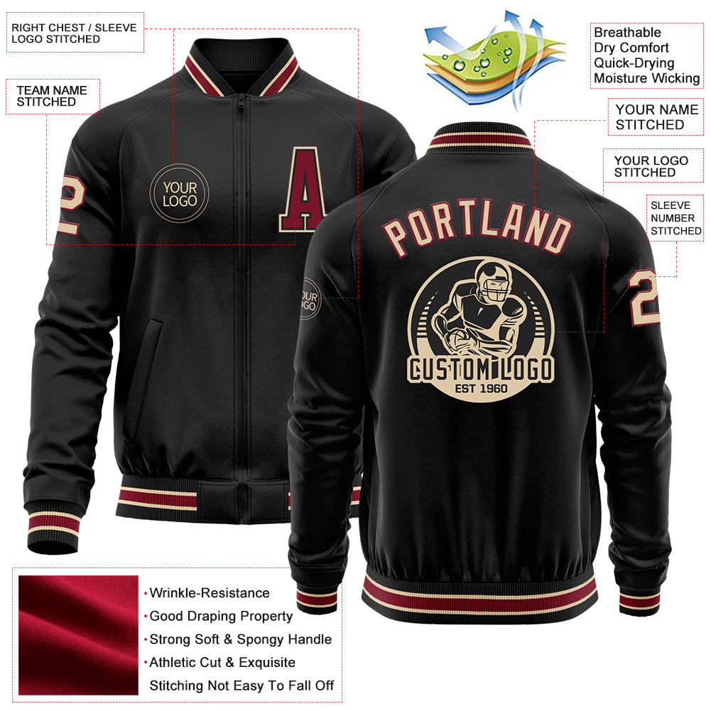 Custom Black Crimson-City Cream Bomber Varsity Letterman Zipper Jacket - Image 3