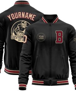Custom Black Crimson-City Cream Bomber Varsity Letterman Zipper Jacket