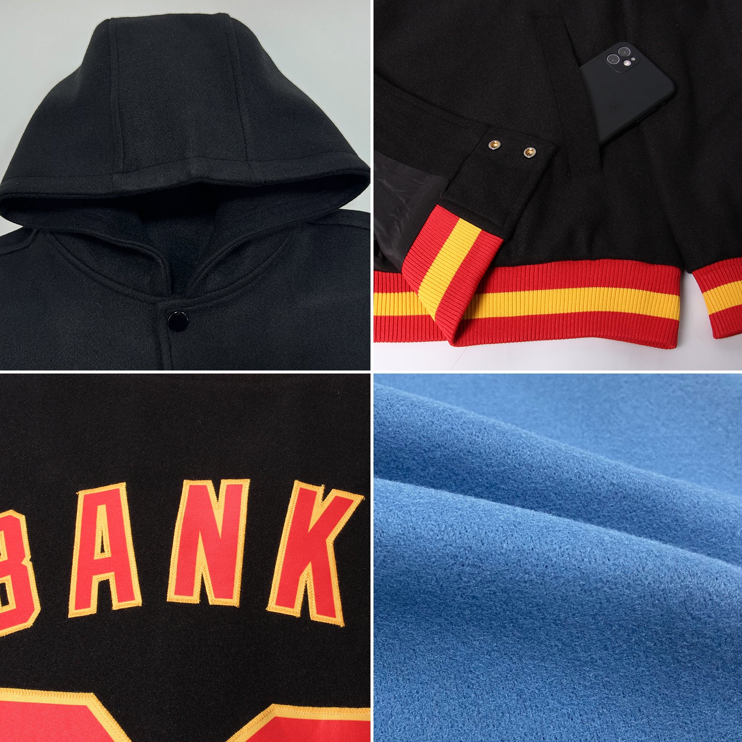 Custom Light Blue Navy-White Bomber Full-Snap Varsity Letterman Hoodie Jacket - Image 2