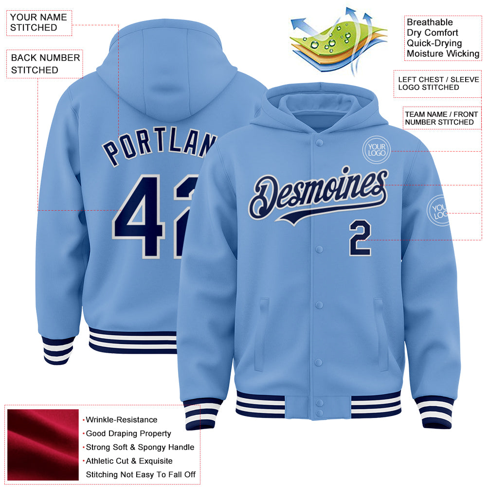 Custom Light Blue Navy-White Bomber Full-Snap Varsity Letterman Hoodie Jacket - Image 3