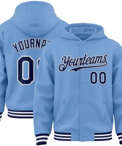 Custom Light Blue Navy-White Bomber Full-Snap Varsity Letterman Hoodie Jacket