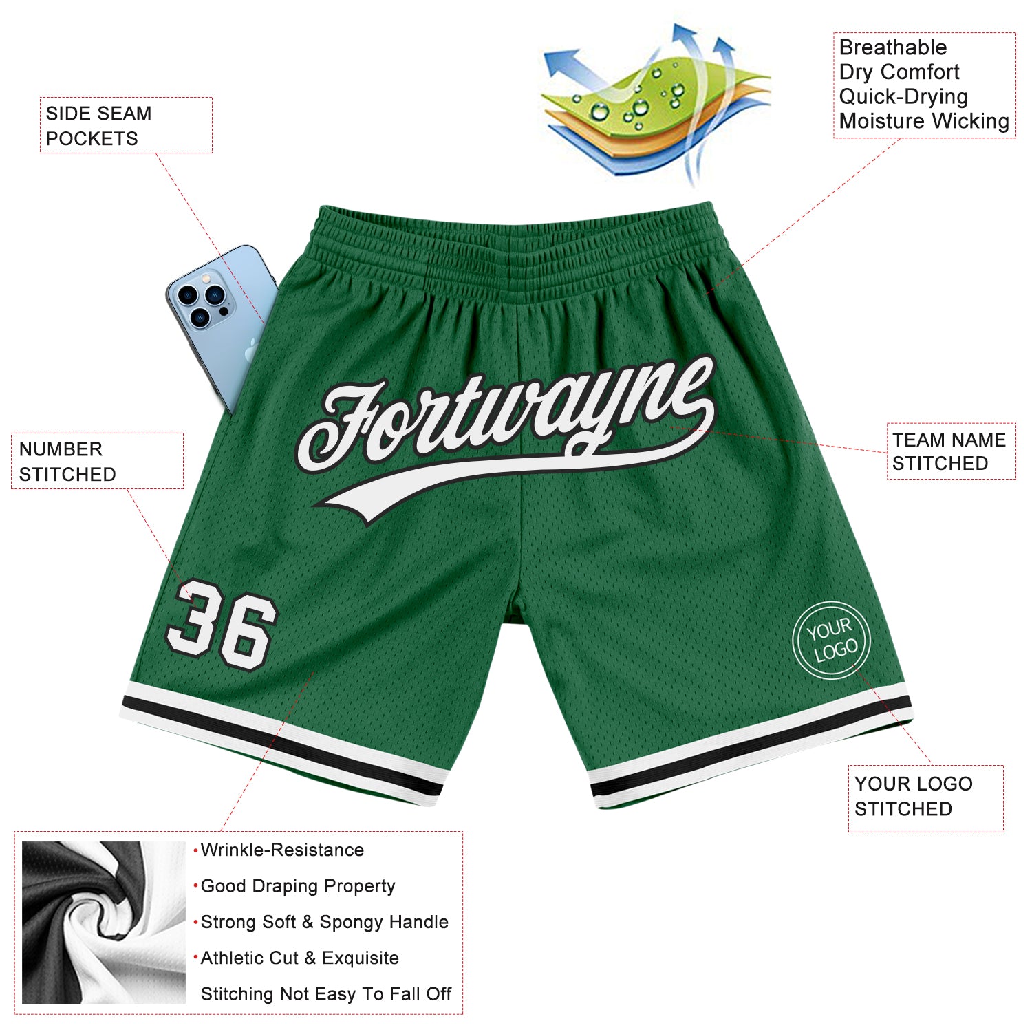 Custom Kelly Green White-Black Authentic Throwback Shorts - Image 2