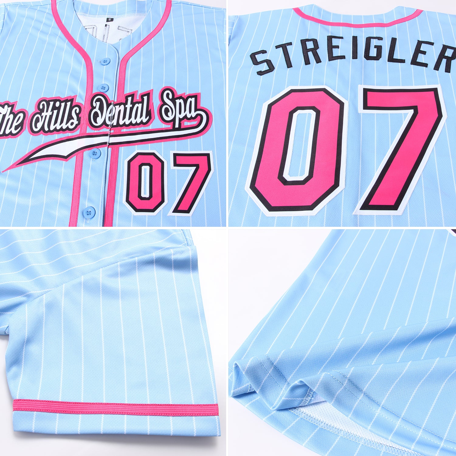 Custom Light Blue White Pinstripe Pink-Black Authentic Jersey - Image 6