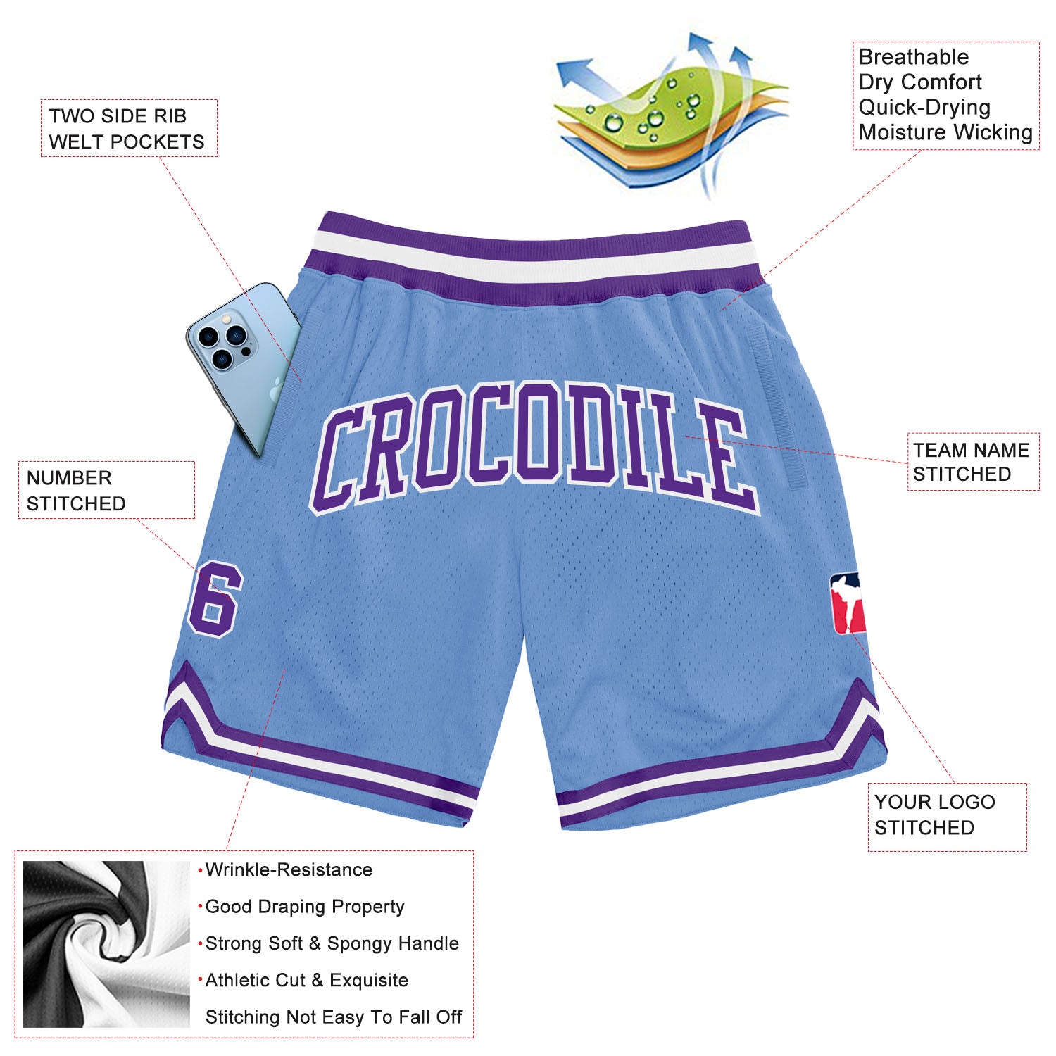Custom Light Blue Purple-White Authentic Throwback Shorts - Image 2