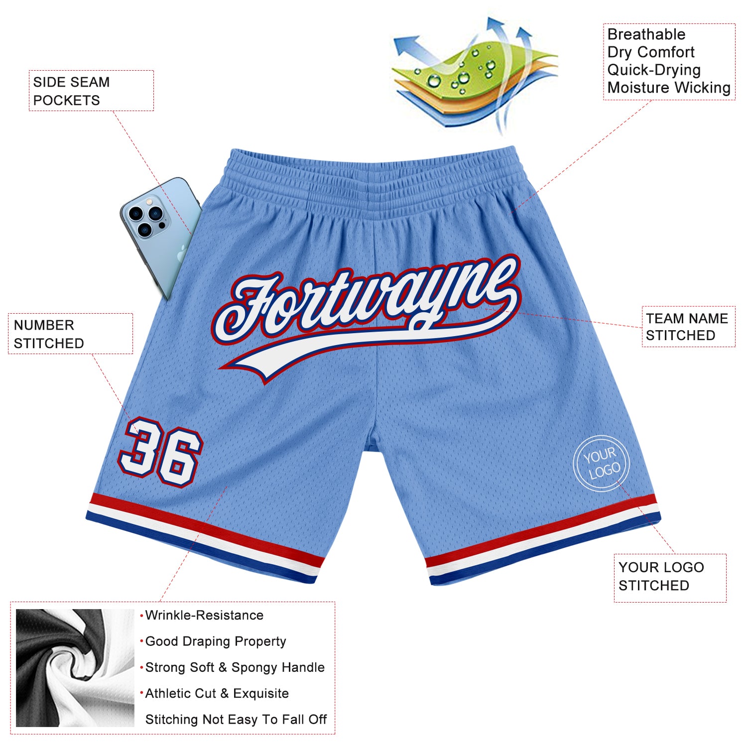Custom Light Blue White Royal-Red Authentic Throwback Shorts - Image 2