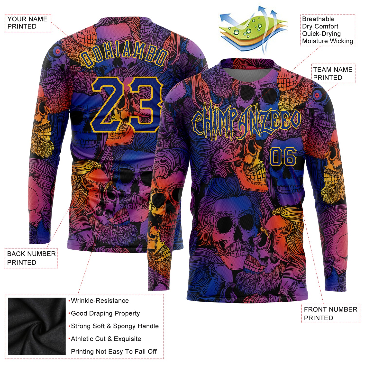 Custom 3D Pattern Halloween Skulls Long Sleeve Performance T-Shirt - Image 2