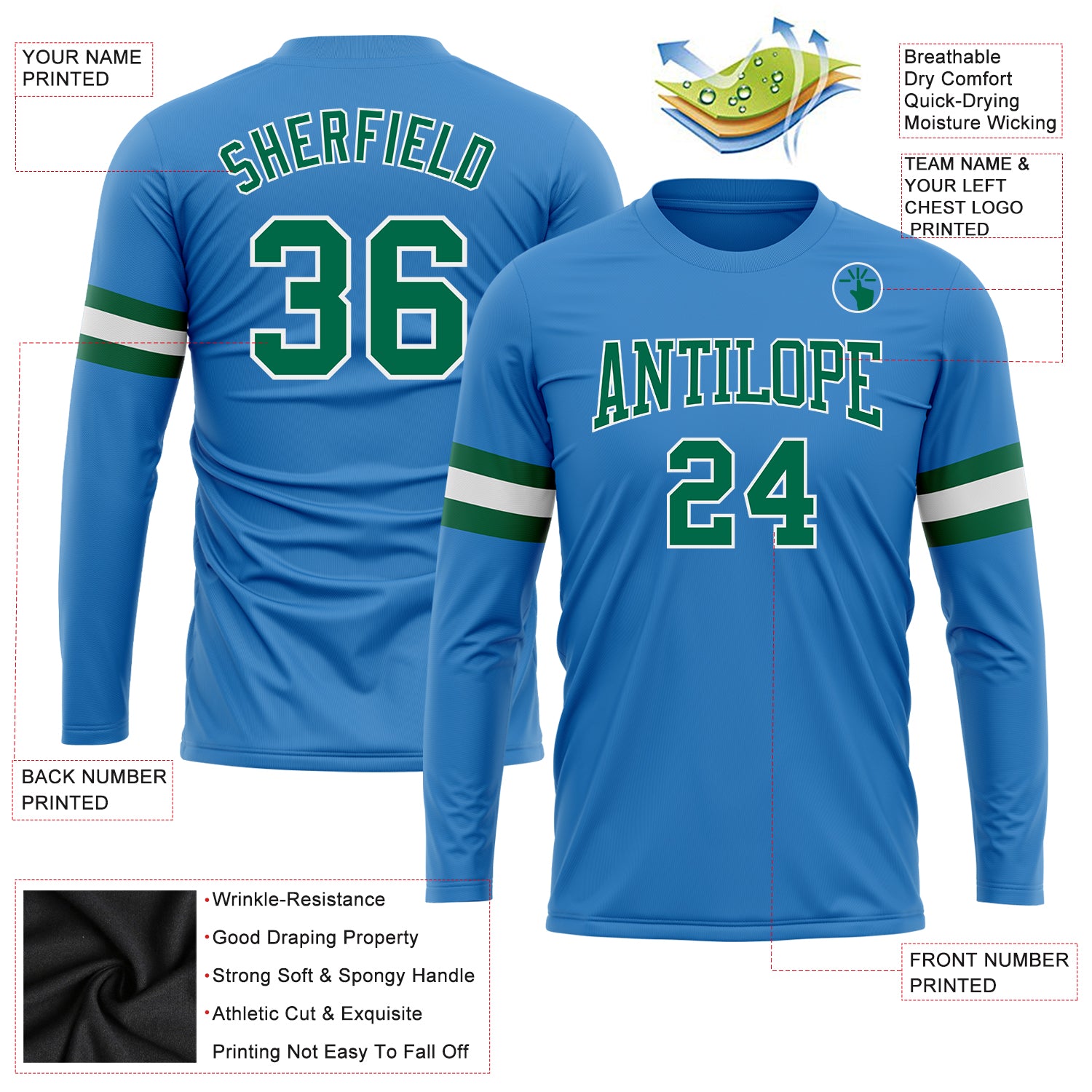 Custom Powder Blue Kelly Green-White Long Sleeve Performance T-Shirt - Image 3