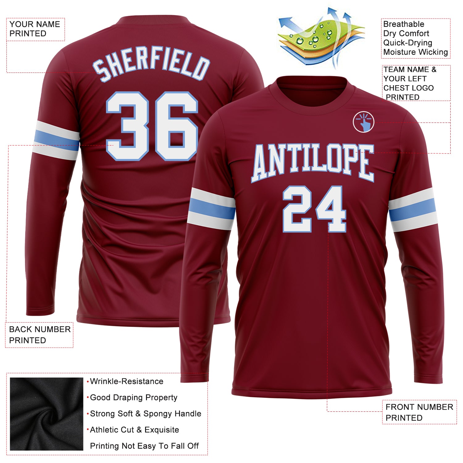 Custom Crimson White-Light Blue Long Sleeve Performance T-Shirt - Image 3
