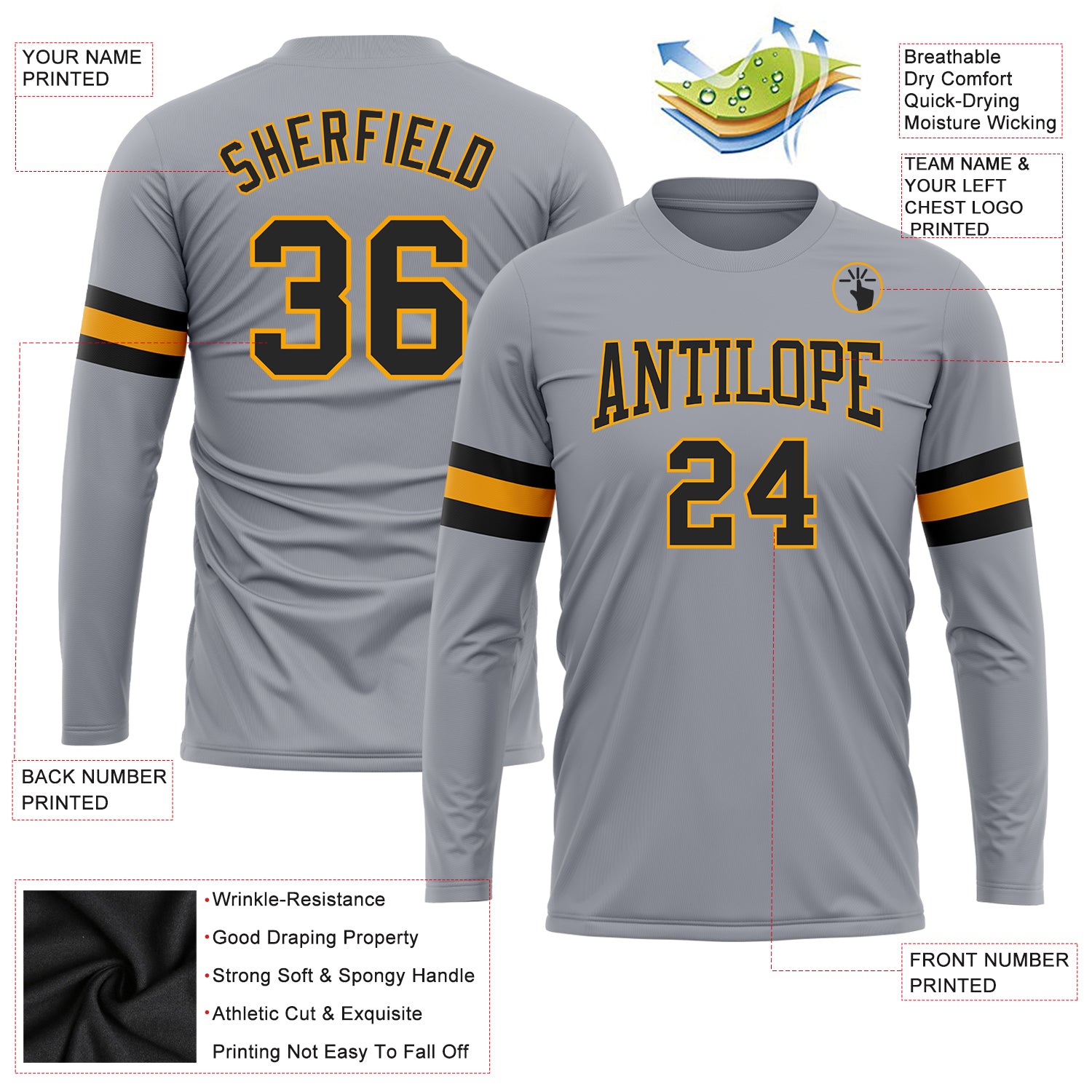 Custom Gray Black-Gold Long Sleeve Performance T-Shirt - Image 3