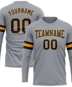 Custom Gray Black-Gold Long Sleeve Performance T-Shirt