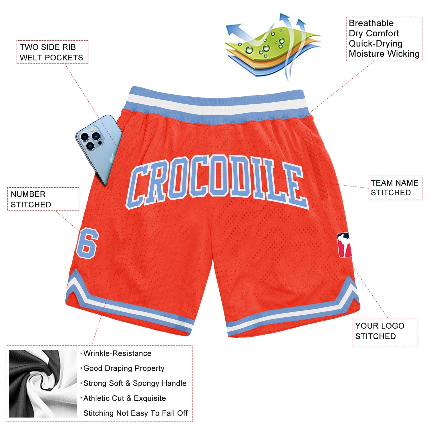 Custom Orange Light Blue-White Authentic Throwback Shorts - Image 2