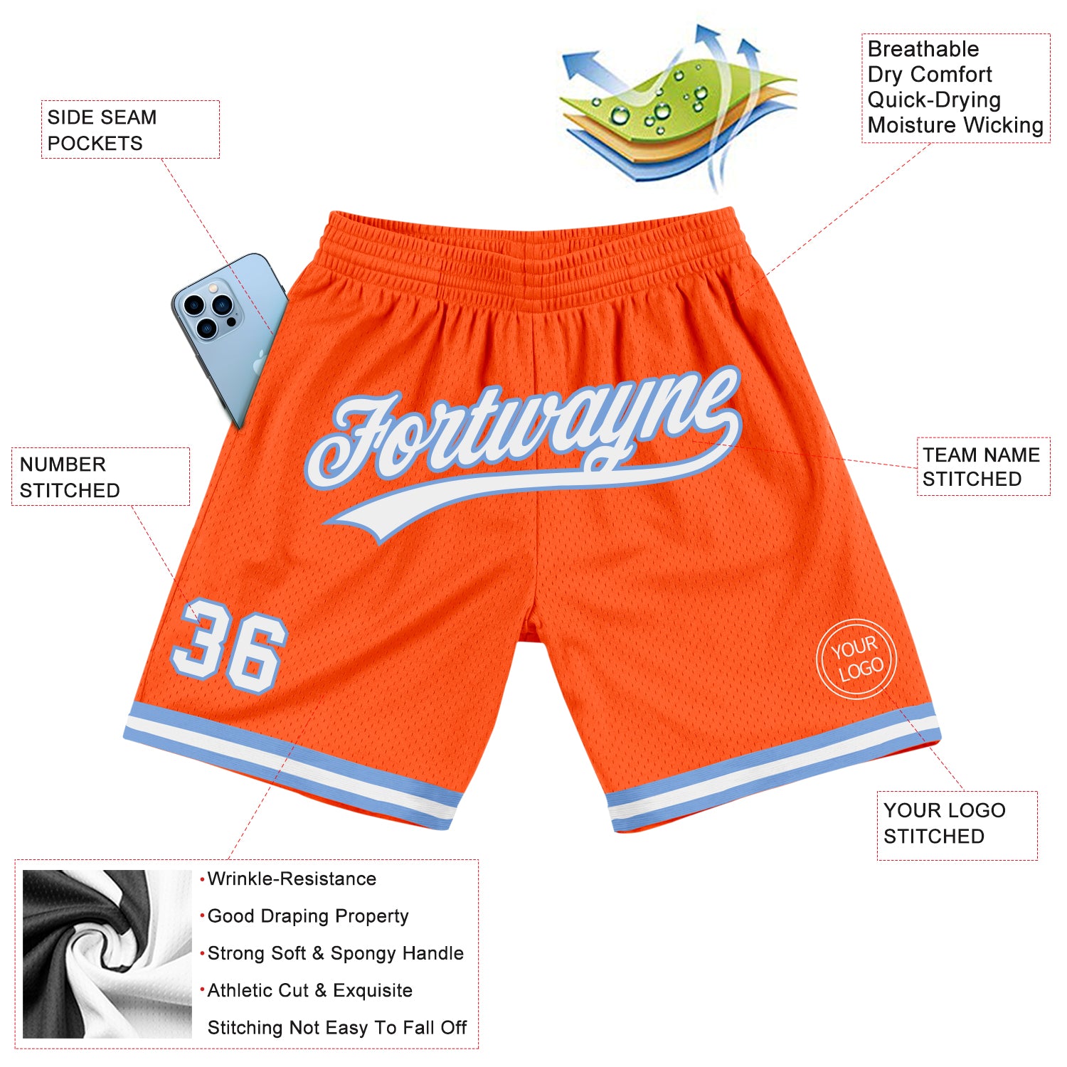Custom Orange White-Light Blue Authentic Throwback Shorts - Image 2