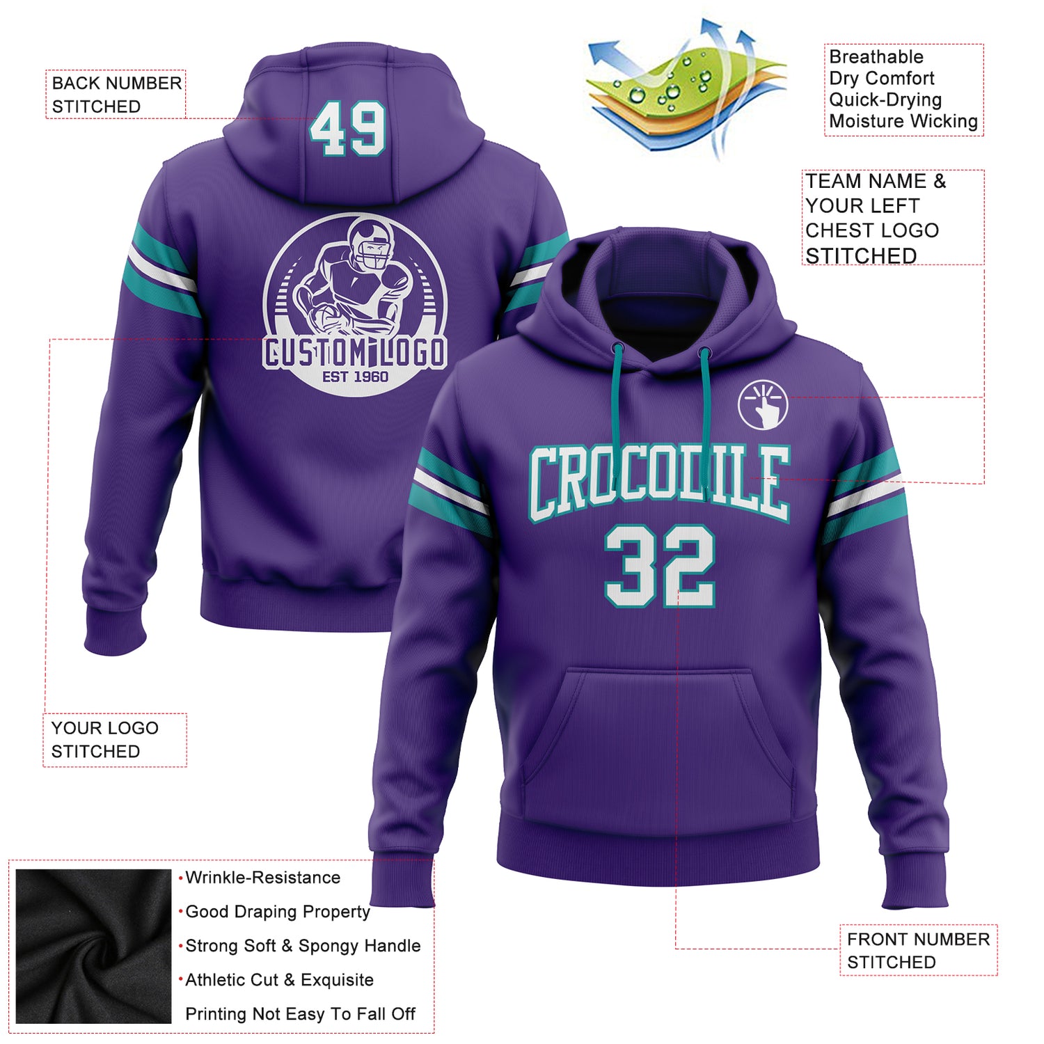 Custom Stitched Purple White-Teal Football Pullover Sweatshirt Hoodie - Image 2
