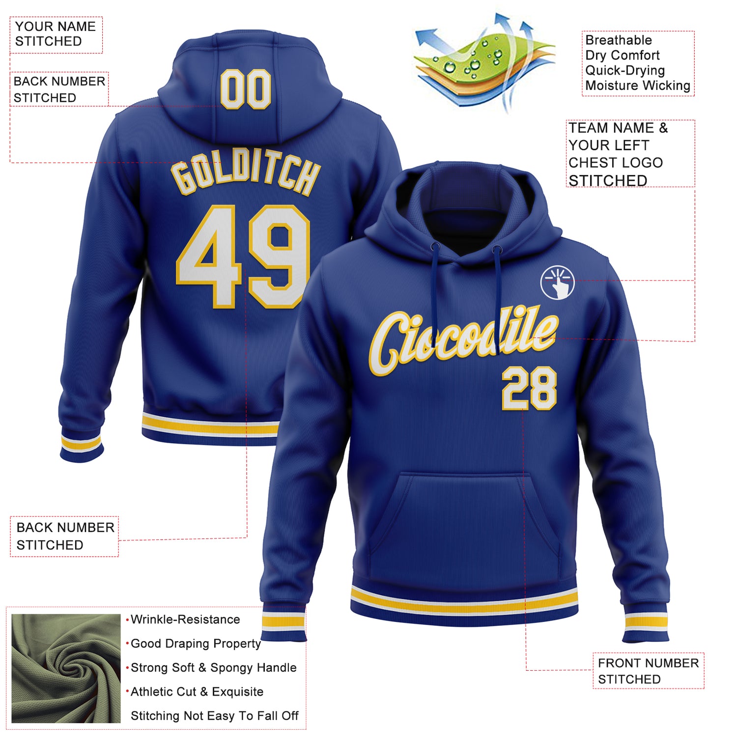 Custom Stitched Royal White-Yellow Sports Pullover Sweatshirt Hoodie - Image 3