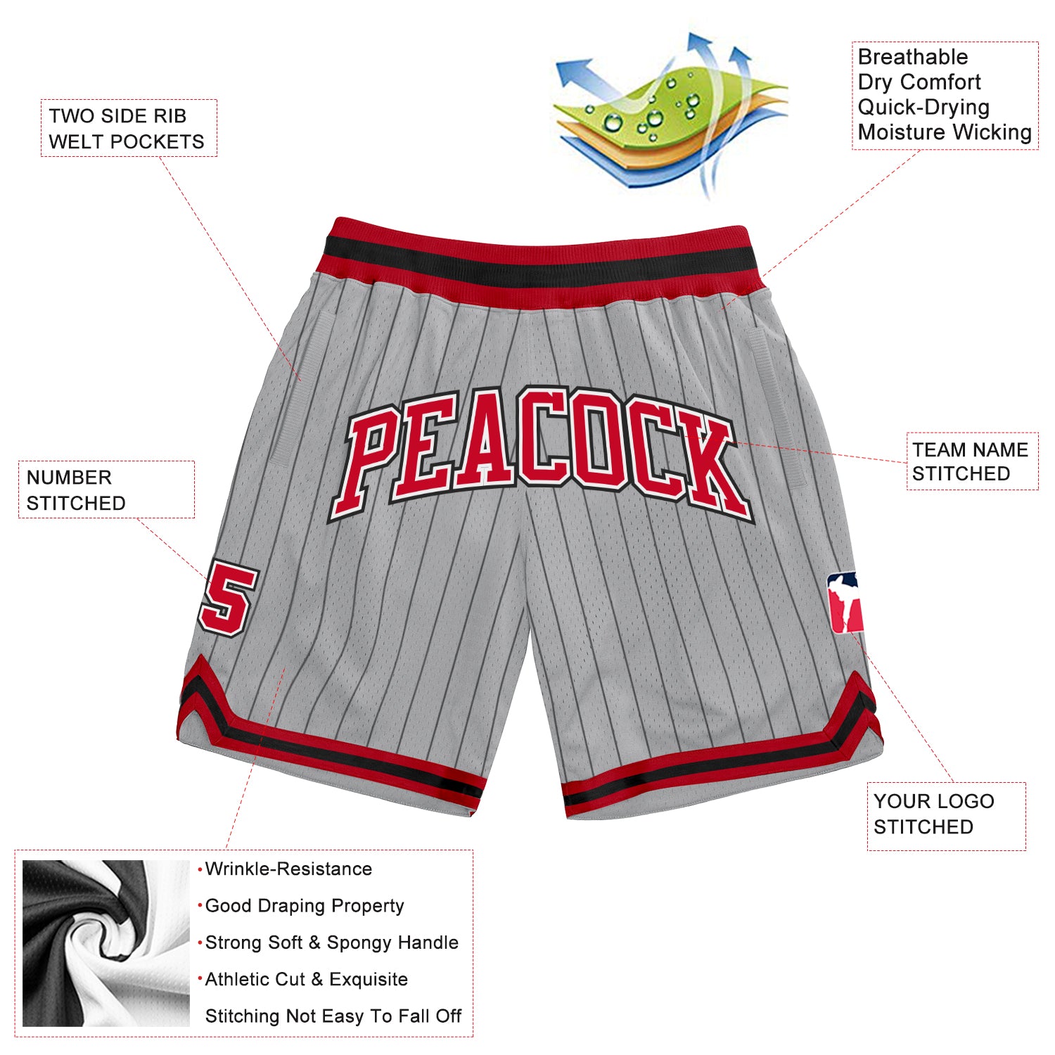 Custom Gray Black Pinstripe Red-White Authentic Shorts - Image 2