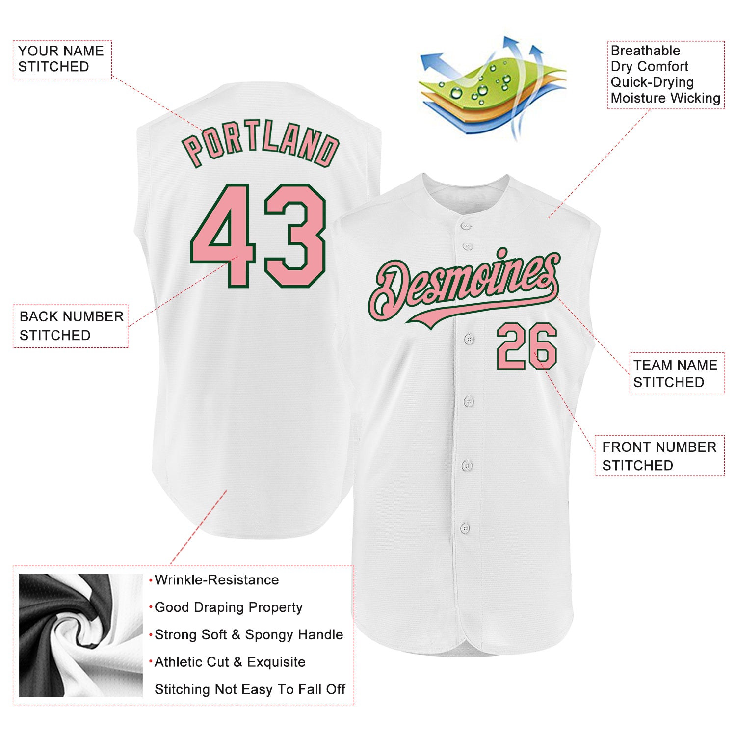 Custom White Medium Pink-Green Authentic Sleeveless Jersey - Image 2