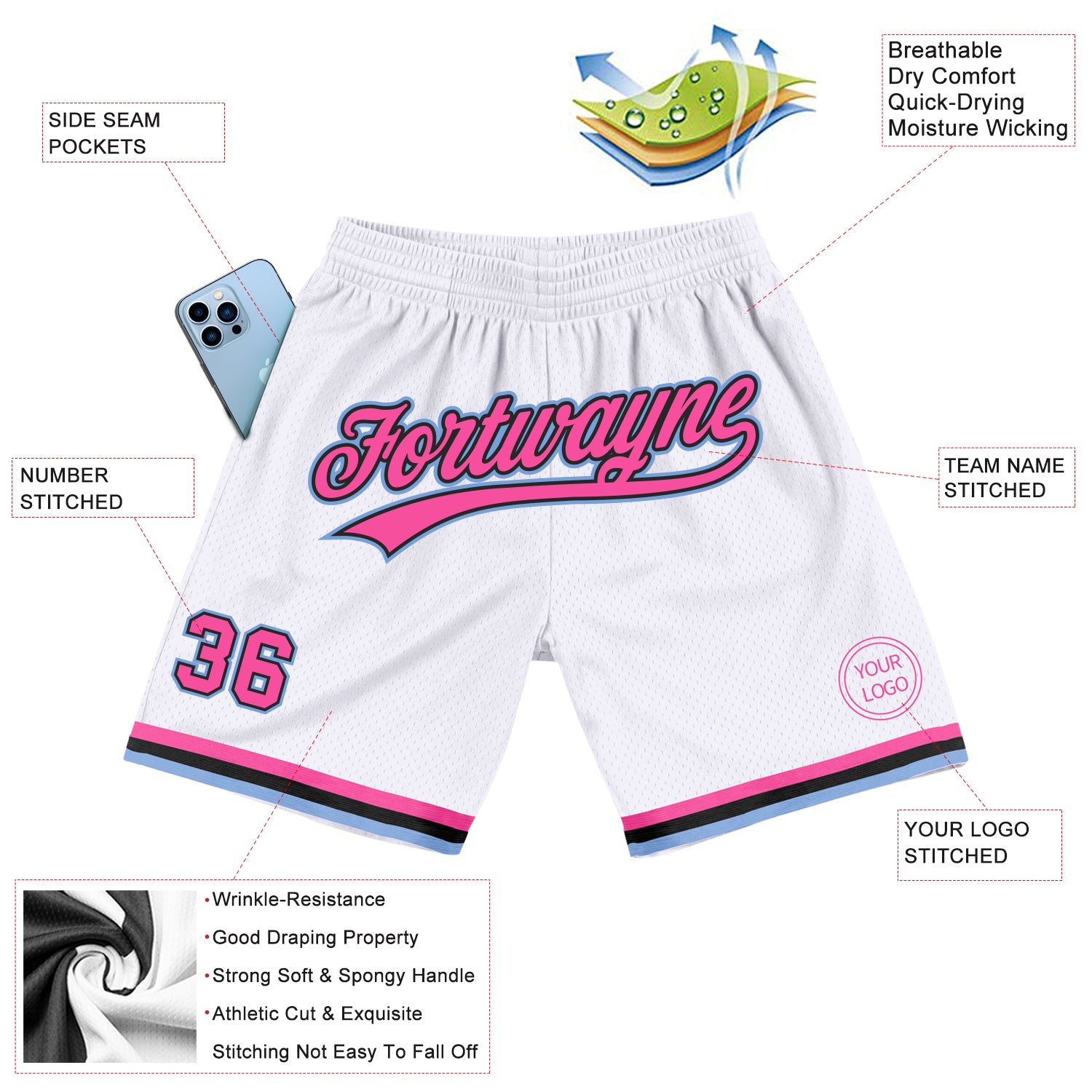 Custom White Pink Black-Light Blue Authentic Throwback Shorts - Image 2