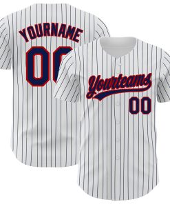 Custom White Navy Pinstripe Navy-Red Authentic Jersey