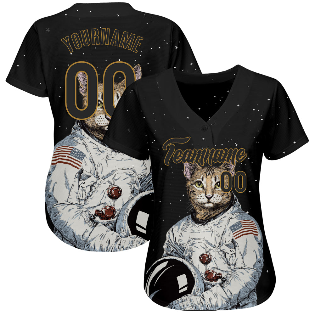 Custom Black Black-Old Gold 3D Pattern Design Astronaut Authentic Jersey - Image 2