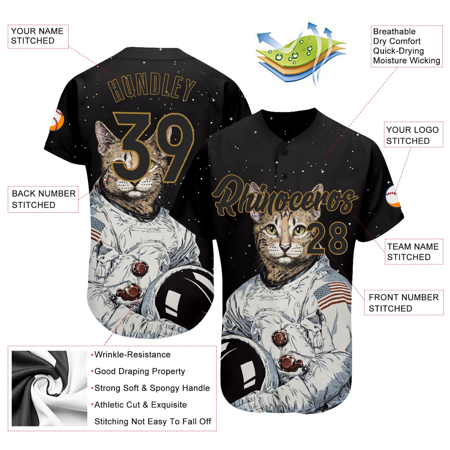 Custom Black Black-Old Gold 3D Pattern Design Astronaut Authentic Jersey - Image 3