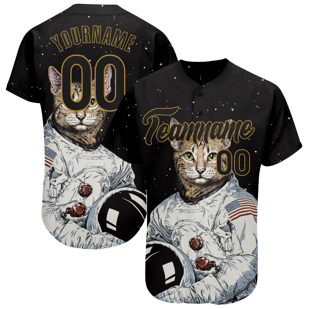Custom Black Black-Old Gold 3D Pattern Design Astronaut Authentic Jersey