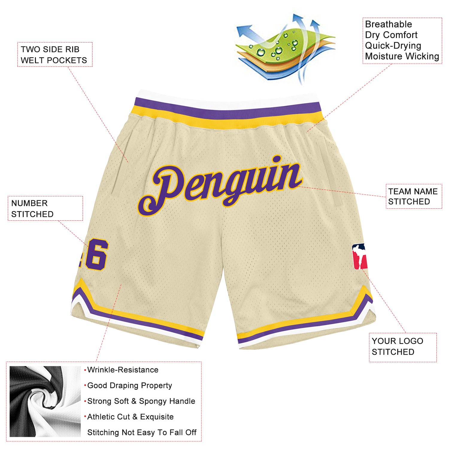 Custom Cream Purple-Gold Authentic Throwback Shorts - Image 2