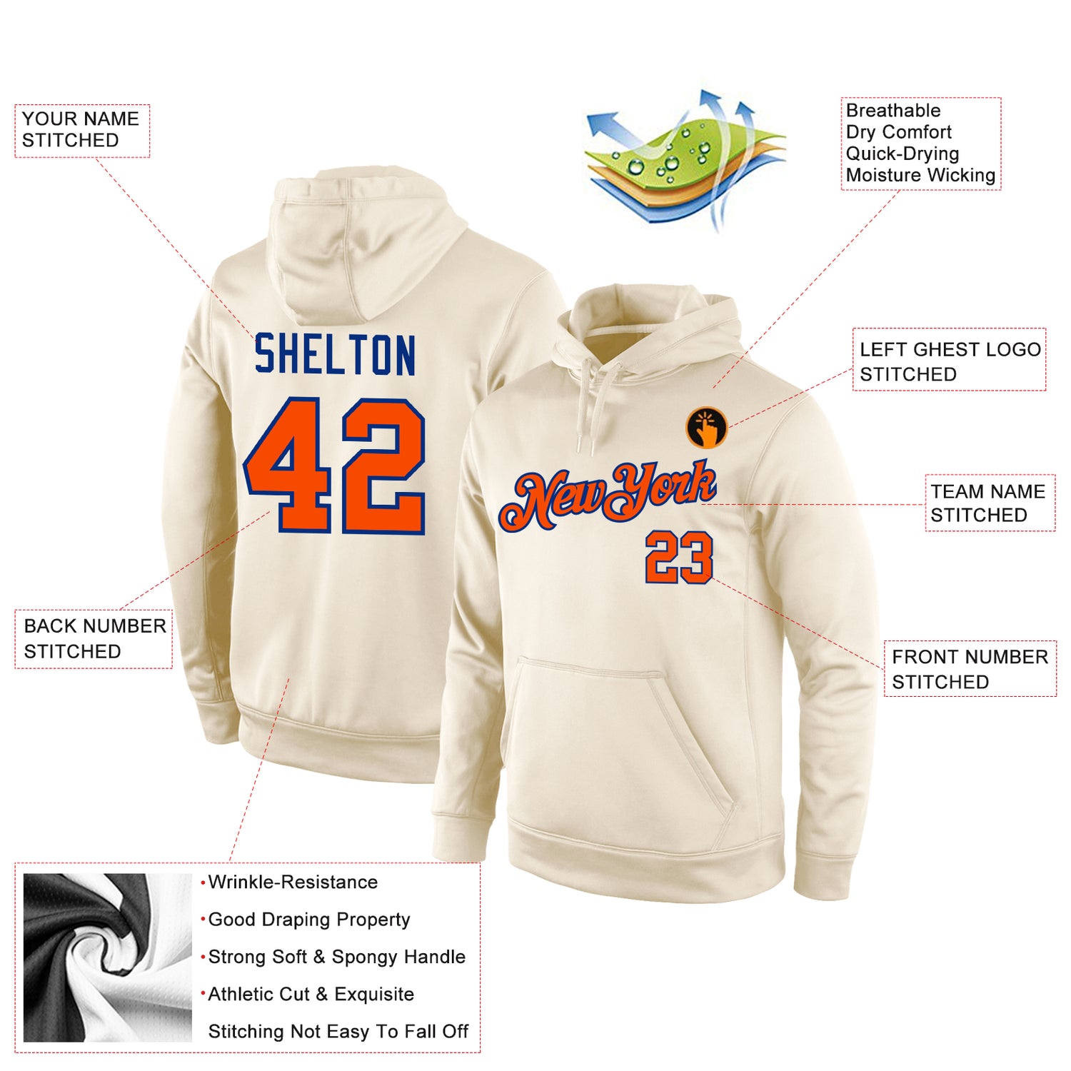 Custom Stitched Cream Orange-Royal Sports Pullover Sweatshirt Hoodie - Image 4