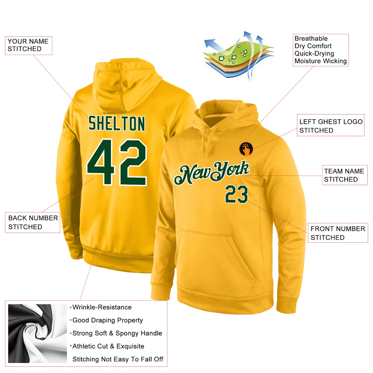 Custom Stitched Gold Green-White Sports Pullover Sweatshirt Hoodie - Image 4