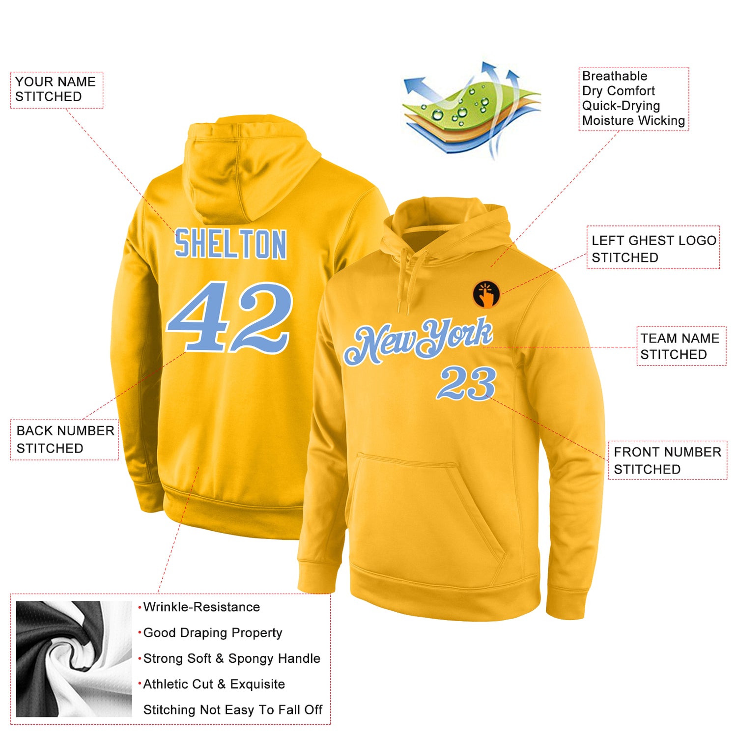 Custom Stitched Gold Light Blue-White Sports Pullover Sweatshirt Hoodie - Image 4